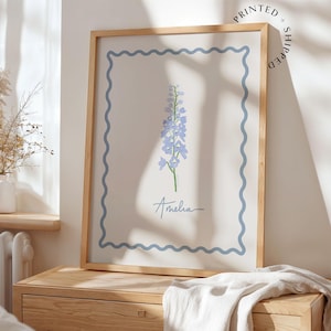 Printed July Birth Flower Print – Personalised Baby Name Wall Art – Delphinium Floral Nursery Decor – Custom Birth Stats Baby Gift