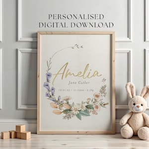 Personalised Birth Print for Baby Girl – Floral Nursery Wall Art, Custom Name & Stats Printable, Digital Baby Shower Gift, Pink Boho Decor