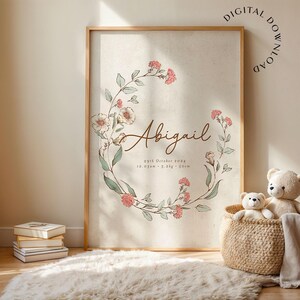 Personalisiertes Blumenbild zur Geburt – Individueller Babyname Digitaler Download – Vintage Botanische Kinderzimmer Wandkunst – Druckbares Babygeschenk