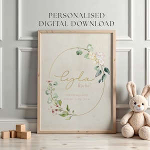Personalised Floral Birth Print – Custom Baby Name & Birth Details – Nursery Wall Art – Baby Shower Gift – Digital Download