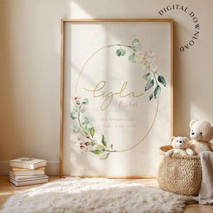 "Personalisierte Geburt für Mädchen - Wandbild mit Blumennamen, digitales Babynamen-Plakat, benutzerdefiniertes Neugeborenen-Andenken, Kinderzimmer-druckbares Geschenk."