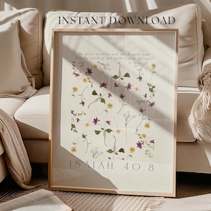 Isaiah 40:8 Scripture Wall Art – Christian Floral Bible Verse Print – Vintage Flower Market Decor – Digital Download Gift for Her