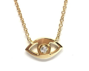 Evil Eye Necklace, Evil Eye Charm, Gold Necklace, Delicate Necklace, Diamond Evil Eye, Real Diamond Charm, Pave Diamond Charm.