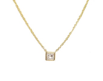 Princess Cut Diamond Necklace, Square Diamond Necklace, 14K solitaire Necklace, Delicate Necklace, Gold Diamond Necklace.