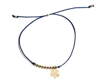 Cord Bracelet With 14K Gold Charm and Gold Beads. Gold Evil Eye Charm, Clover Leaf Charm, Horseshoe Charm,Italian Horn Charm, Hamsa Charm