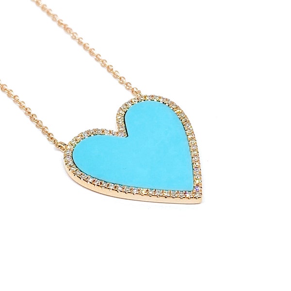 Turquoise Inlay Heart Necklace With Pave Diamonds, Turquoise Heart Necklace.