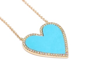 Turquoise Inlay Heart Necklace With Pave Diamonds, Turquoise Heart Necklace.