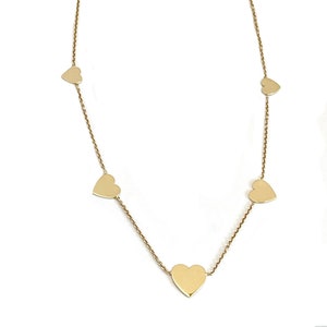 14K Gold Necklace With Five Hearts, Heart Charm Necklace, 14K Solid Gold.