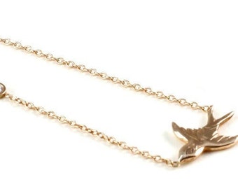 Bird Gold Charm Necklace, Sparrow Pendant, 14K Gold Bird Charm, Petite Charm Necklace, White Diamond Charm Necklace.