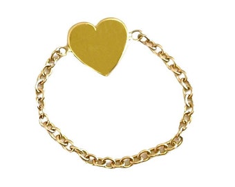14K Gold Heart Chain Ring, Engraved Heart Ring, Optional Engraving, Ring With Charm.