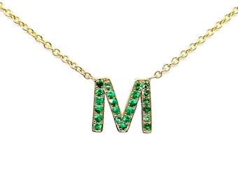 Colored Stones Initial Necklace / Emerald Necklace / 14k Gold Initial Necklace / Personalized Jewelry / Name Necklace / Letter Necklace