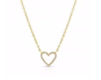 Pave Diamonds Heart Necklace, Heart Charm Necklace, 14K Gold Necklace, Charm Necklace, Diamond Charm, Heart Charm.