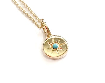 Gold Necklace, Round Coin Necklace, Turquoise Necklace, Lucky Star,  Starburst Pendant Charm, Diamond charm necklace, Rose Gold Necklace.