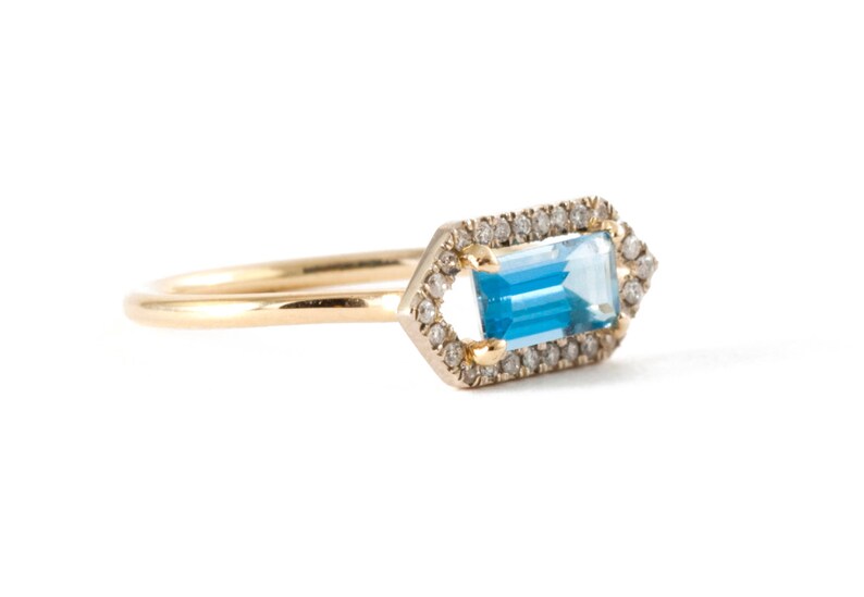 Aquamarine Gold Ring, 14K Gold Ring, Pave' Diamond Halo Ring, Engagement Ring. image 1