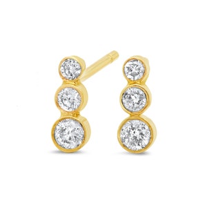 Bezel Set Diamond Earrings, 3 Diamonds Earrings Post, Diamond Post, Real Gold Earrings, Petite Lobe Earrings, 14K Gold Studs.