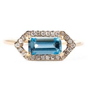 Aquamarine Gold Ring, 14K Gold Ring, Pave' Diamond Halo Ring, Engagement Ring. image 2