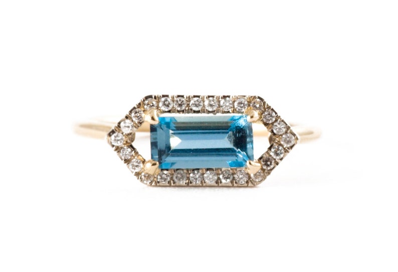 Aquamarine Gold Ring, 14K Gold Ring, Pave' Diamond Halo Ring, Engagement Ring. image 2