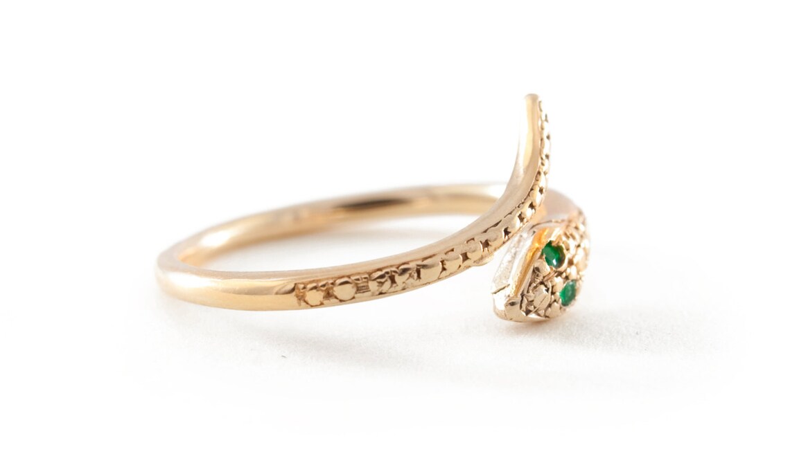14K Solid Gold Snake Ring, Pinky Ring, Green Emerald, White Diamonds ...