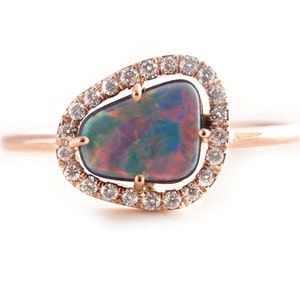 14K Gold Black Opal Ring, Black Opal Ring With Diamonds, Statement Opal Ring, Engagement Ring. image 2