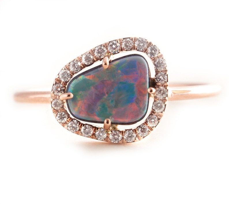 14K Gold Black Opal Ring, Black Opal Ring With Diamonds, Statement Opal Ring, Engagement Ring. image 2