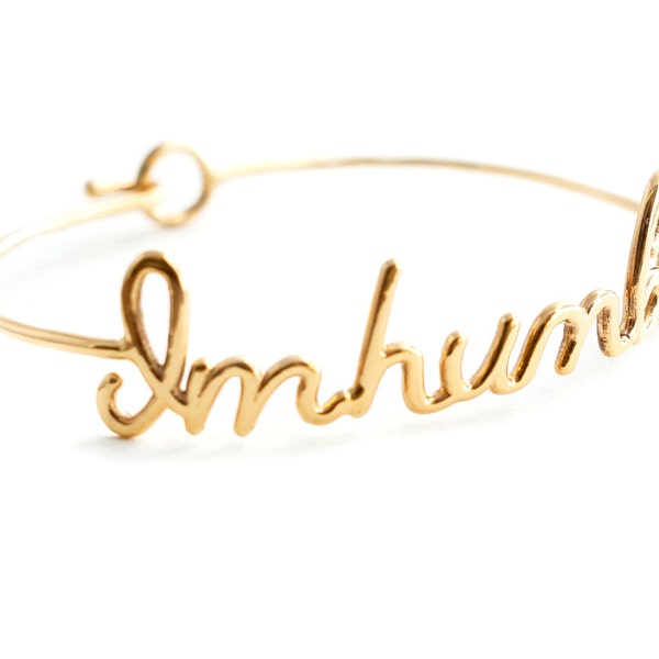 Personalized Bracelet, Name 14K Gold Bracelet, Words Jewelry, Inspirational Jewelry, Cuff Bracelet, Gold bangle.