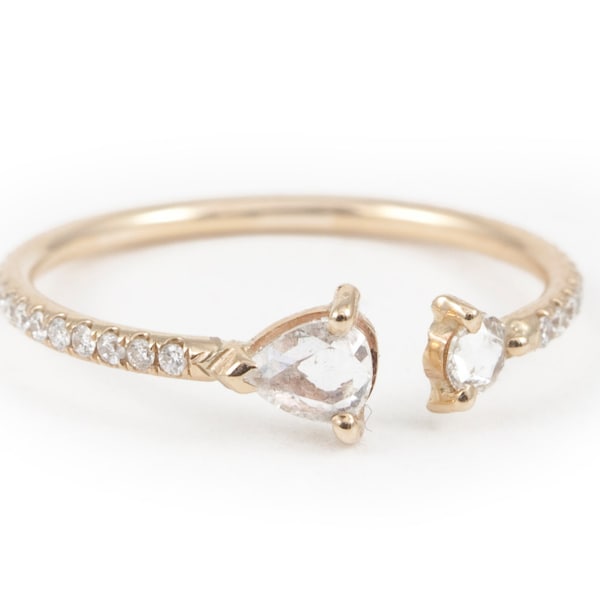 Diamantring im Rosenschliff, Pave 'Ring, Prong Set Ring, Massives 14K Gold, Verlobungsring, Spaltring, Duble Diamantring, Birnenform Diamant.