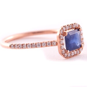 14K Gold Sapphire and Diamonds Ring, Pave' Set Ring, Baguette Sapphire, Diamonds Halo, Engagement Ring.