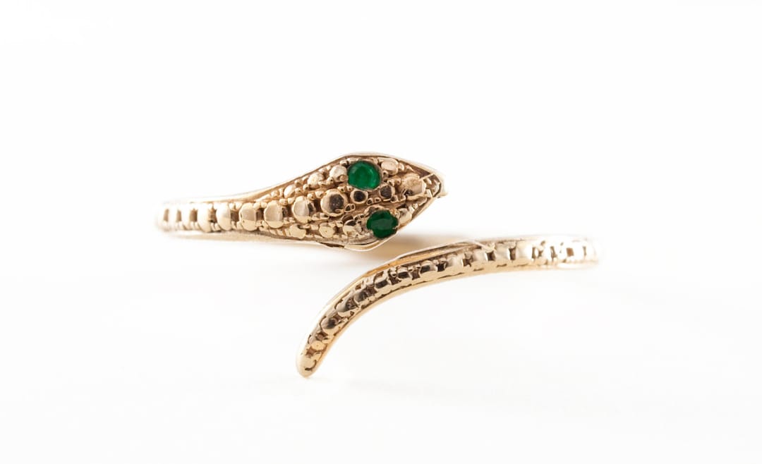 14K Solid Gold Snake Ring, Pinky Ring, Green Emerald, White Diamonds ...
