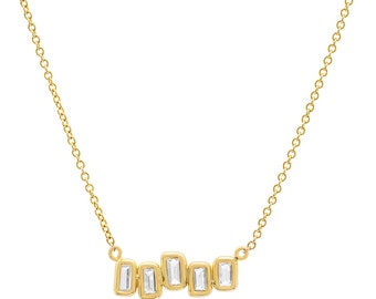 Baguette Diamond Necklace, 5 Baguette Necklace, 14K Solid Gold Necklace, Diamond Necklace, Diamond Charm, Tula Jewelry.