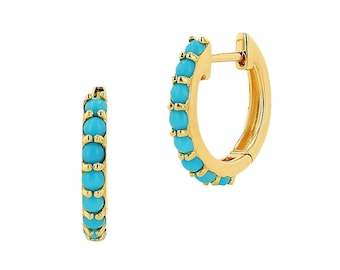 14K Gold Real Turquoise Huggie Hoop Earrings, Turquoise Pave' Earrings, xs Turquoise Hoop, Everyday Earrings, Sold as Single Earring