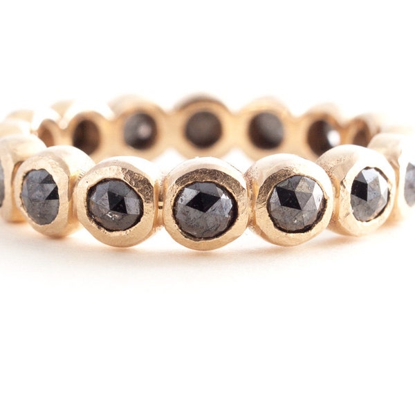 Rose Cut Black Diamonds Eternity Band, 14K Gold Bezel Set Eternity Band,Eternity Wedding Band, Round Rose Cut Black Diamonds.