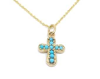 Turquoise cross 14K Gold Necklace, Gold Charm Necklace, Cross Charm, Pave' Charm, Dainty Necklace, Turquoise Gemstone Cross