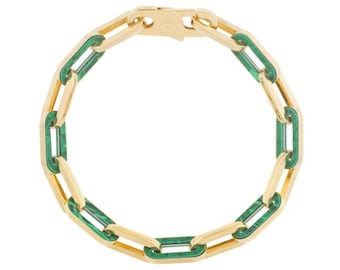 14K Gold Paperclip Chain Bracelet With Malachite Inlay, Real Stone Inlay Bracelet, Chain Bracelet.