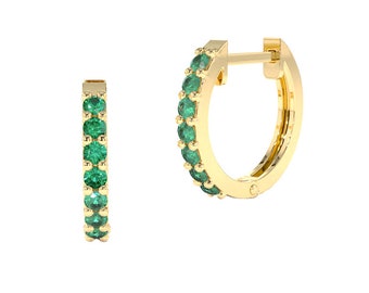 14K Gold Real Emerald Huggie Hoop Earrings, Emerald Pave' Earrings, XS Emerald Hoop, Everyday Earrings, Sold as Single Earring