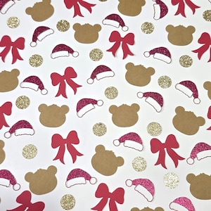 May include: A festive pattern on a white background featuring red bows, Santa hats with glitter, brown bear shapes, and gold glitter circles. This design is perfect for holiday-themed crafts and decorations.