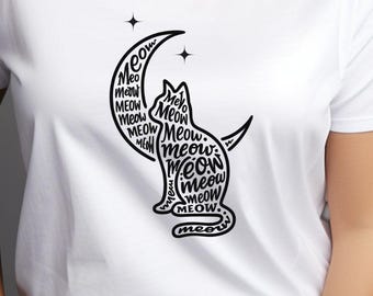 Impressão artística tipográfica de gato e lua: arte minimalista em linha de miado (download digital)