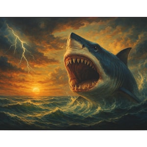 Shark Wall Art Canvas, Ocean & Coastal Decor, Nautical Beach House Artwork, Great White Shark Print, Gift for Shark Lovers