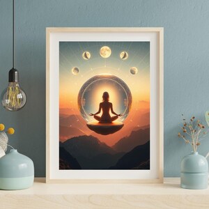 Spiritual Wall Art Meditating Woman Crystal Sphere Digital Print Moon Phase Poster Celestial Energy Decor Dreamcore Mountain Download