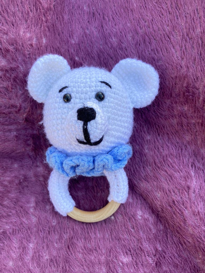 Handmade Crochet Bear Baby Rattle Ring Soft Sensory Toy Etsy