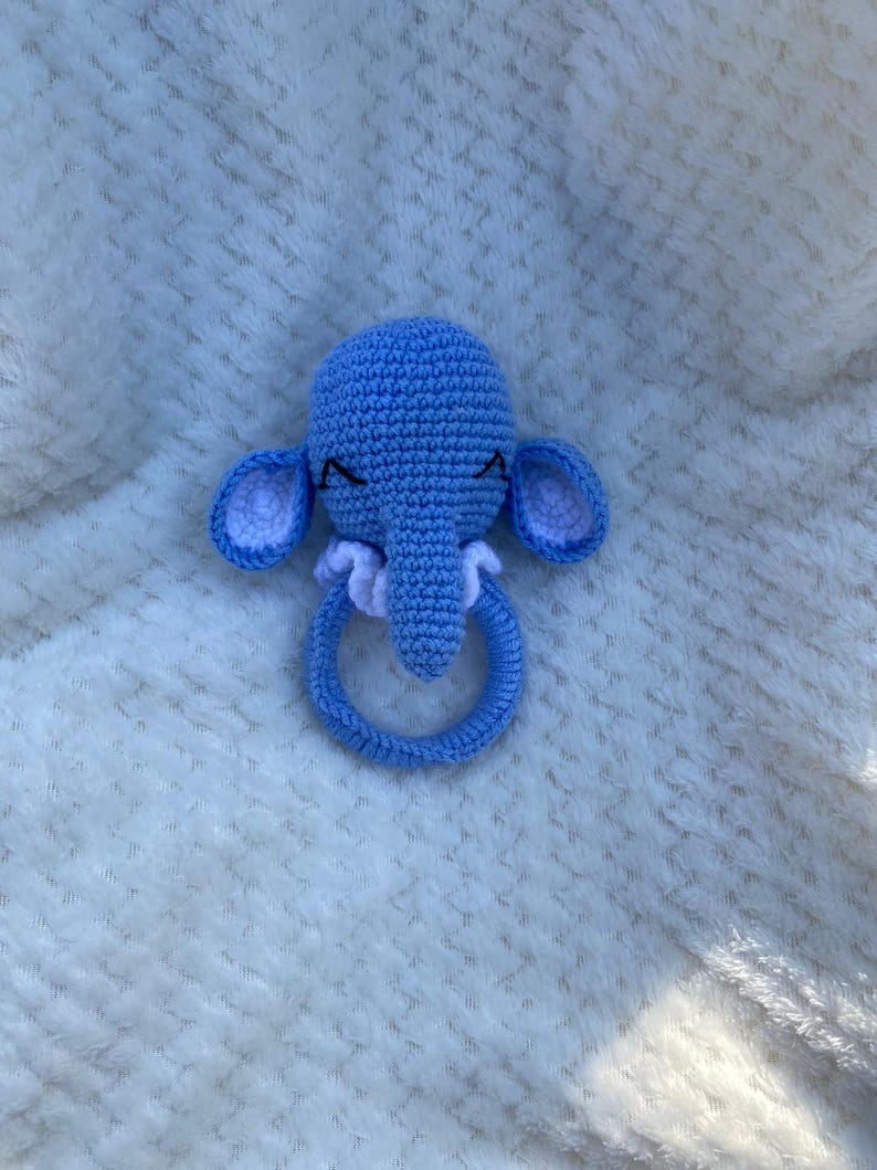 Handmade Crochet Elephant Baby Rattle Ring Blue Cotton Sensory Toy Etsy