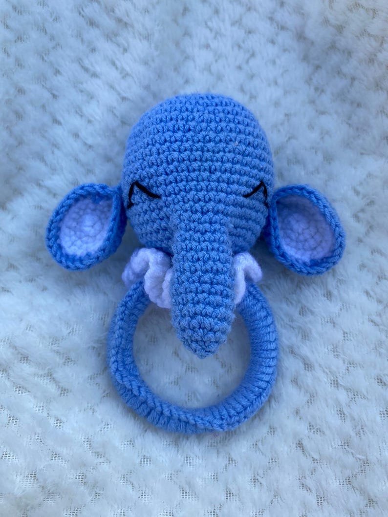 Handmade Crochet Elephant Baby Rattle Ring Blue Cotton Sensory Toy Etsy