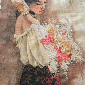 Finished Completed Handmade Elegant Lady with Floral Bouquet Cross Stitch, Woman with Bouquet Cross Stitch, Spanish Women Modern Wall Decor