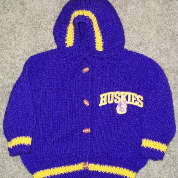 Hand Knit Washington Huskies sweater made to order 12-24 months
