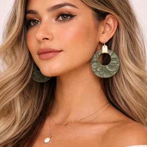 Dark Green Floral Faux Leather Earrings • 1.5 Inch Lightweight Boho Dangles