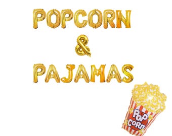 Popcorn & Pajamas Birthday Banner 16 inches non-floating | Movie Night Theme Birthday Party Decor Movie Theme party Backyard movie party