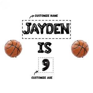 May include: Black and orange basketball themed birthday banner with the name Jayden and the age 9. The banner is decorated with black balloons in the shape of letters and numbers.