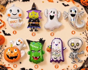 May include: A collection of eight Halloween-themed foil balloons featuring various characters including a white ghost with the text BOC!, a witch, a silver ghost, a pumpkin with a ghost, a green monster, a ghost with the text Trick or Treat, and a skeleton.