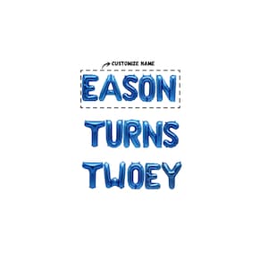 May include: Blue balloon letters spelling "Eason Turns Twoey" with an arrow pointing to the name and the text "Customize Name".