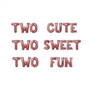 Puede incluir: Globos de lámina de oro rosa que deletrean "TWO CUTE", "TWO SWEET" y "TWO FUN".