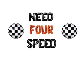 Precisa de banner de 4º aniversário de quatro velocidades de 16 polegadas | Tema de carro de corrida quarto festa de aniversário dois carros retrô rápidos decoração de tema F1